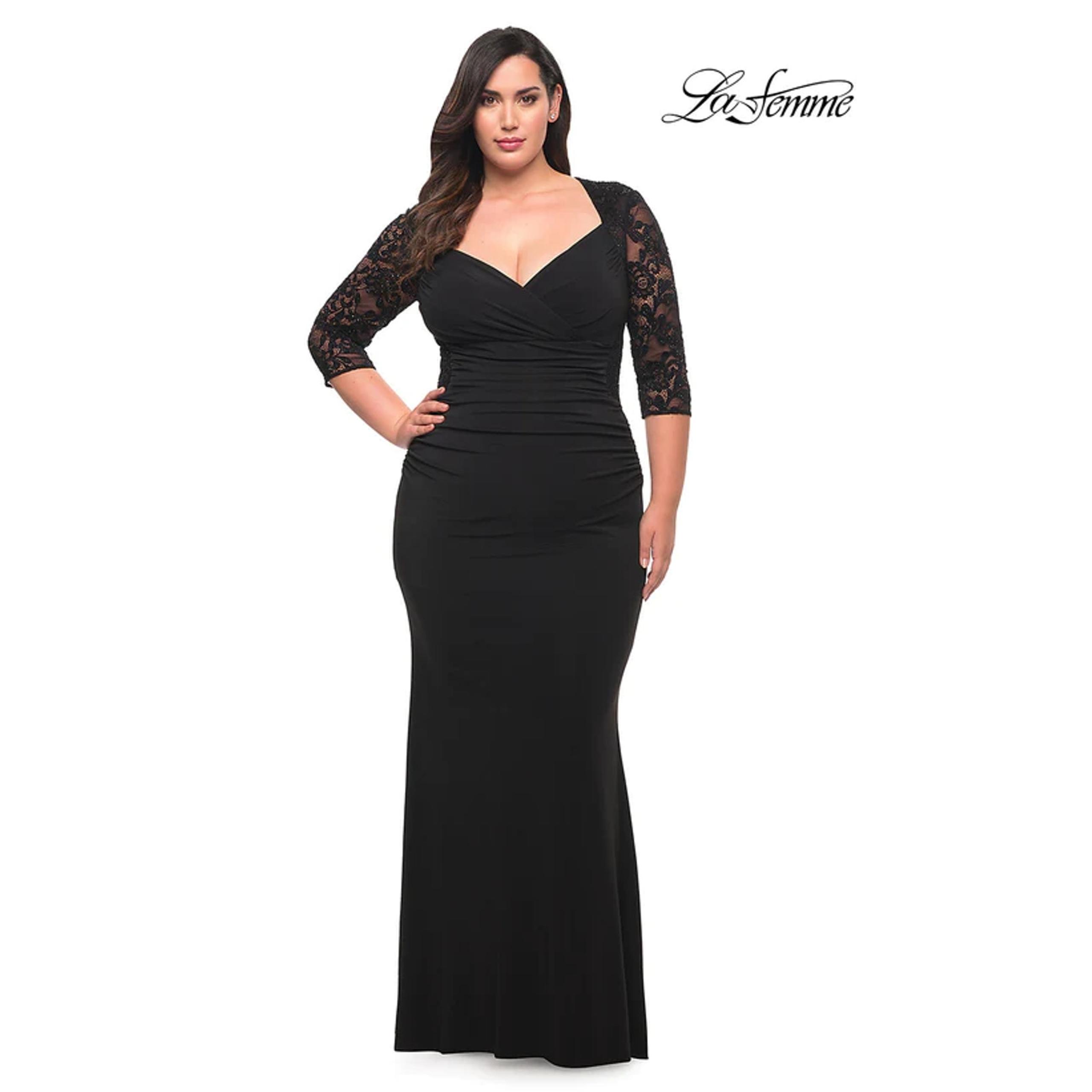 LA FEMME Women's Curve Formal Gown Dress 22W Black Lace-Sleeve Jersey NWOT