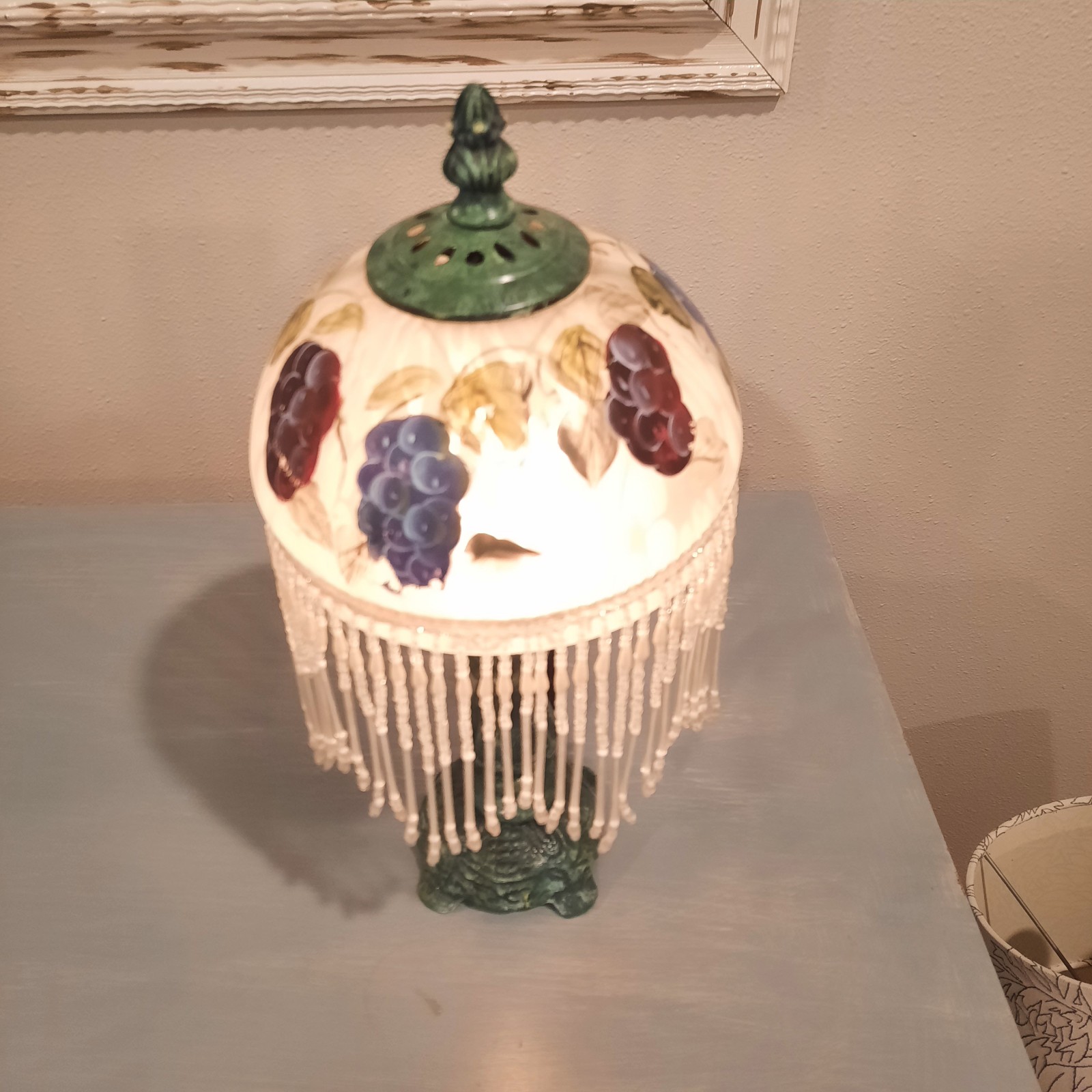 Vtg Victorian Boudoir Lamp Frosted Glass Dome Beaded Fringe Green Metal Base 13