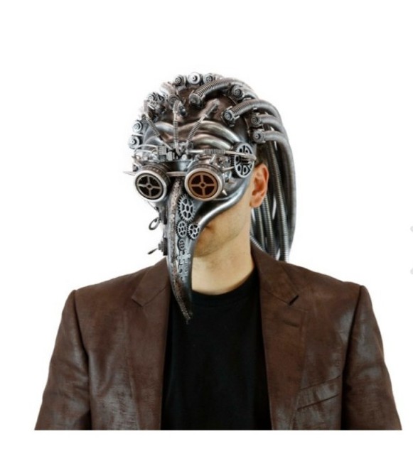 Silver Steampunk Plague Doctor Mask Adult with Metallic Hair and Bird Beak