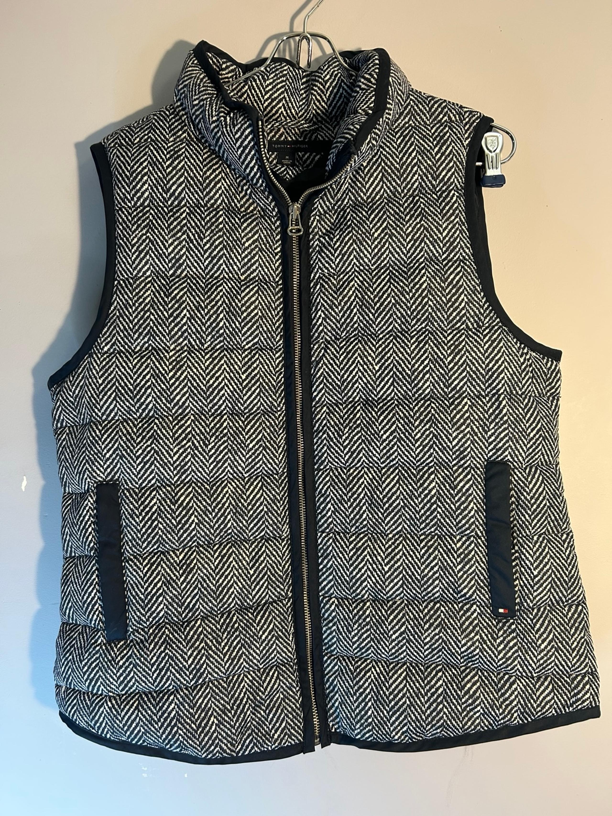 Tommy Hilfiger Quilted Down Puffer Coat Vest Sz M Blue Herringbone Full Zip.
