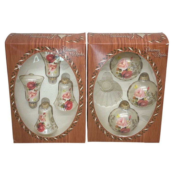Christmas by Krebs Glass Victorian Roses Gold Glitter Ornaments Bells Balls