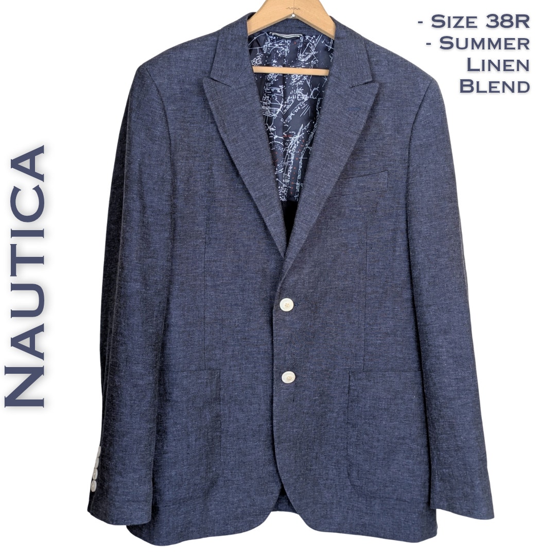 Nautica Men's Linen Blend Navy Blue Lightweight Spring Summer Preppy Blazer 38R