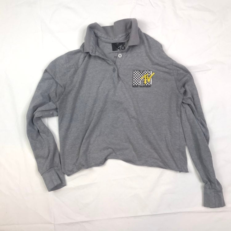 MTV Gray Logo Crop Womens Polo Blouse T-Shirt Size S Collared 2018 A031121
