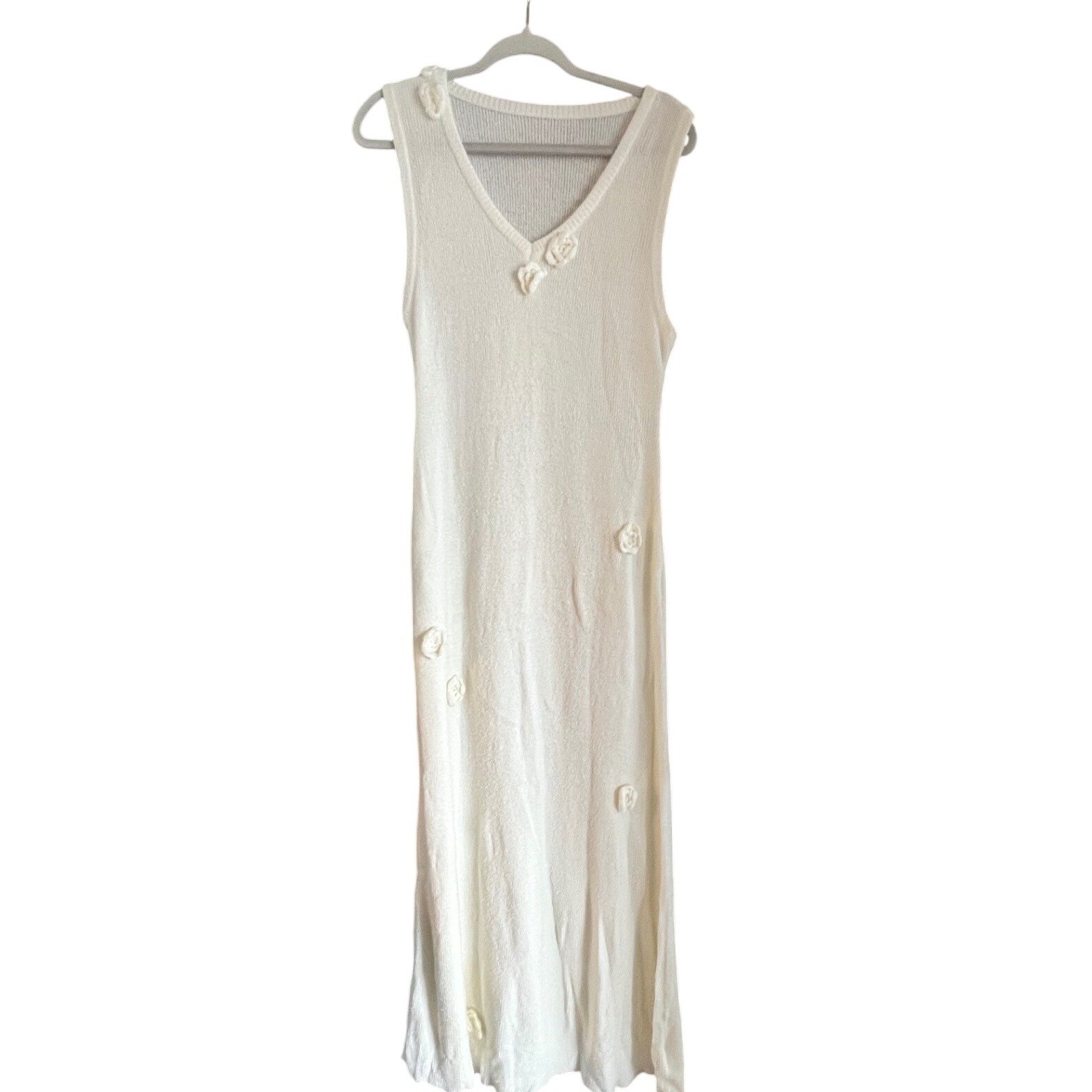 The Commense Knit Maxi Dress Sleeveless Floral Applique White Casual Size L