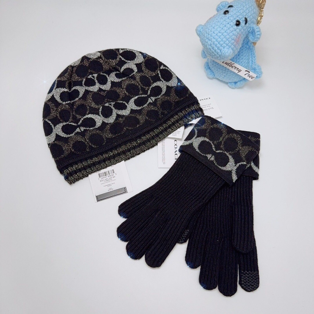 Coach Signature Metallic Knit Gloves Beanie Black Silver