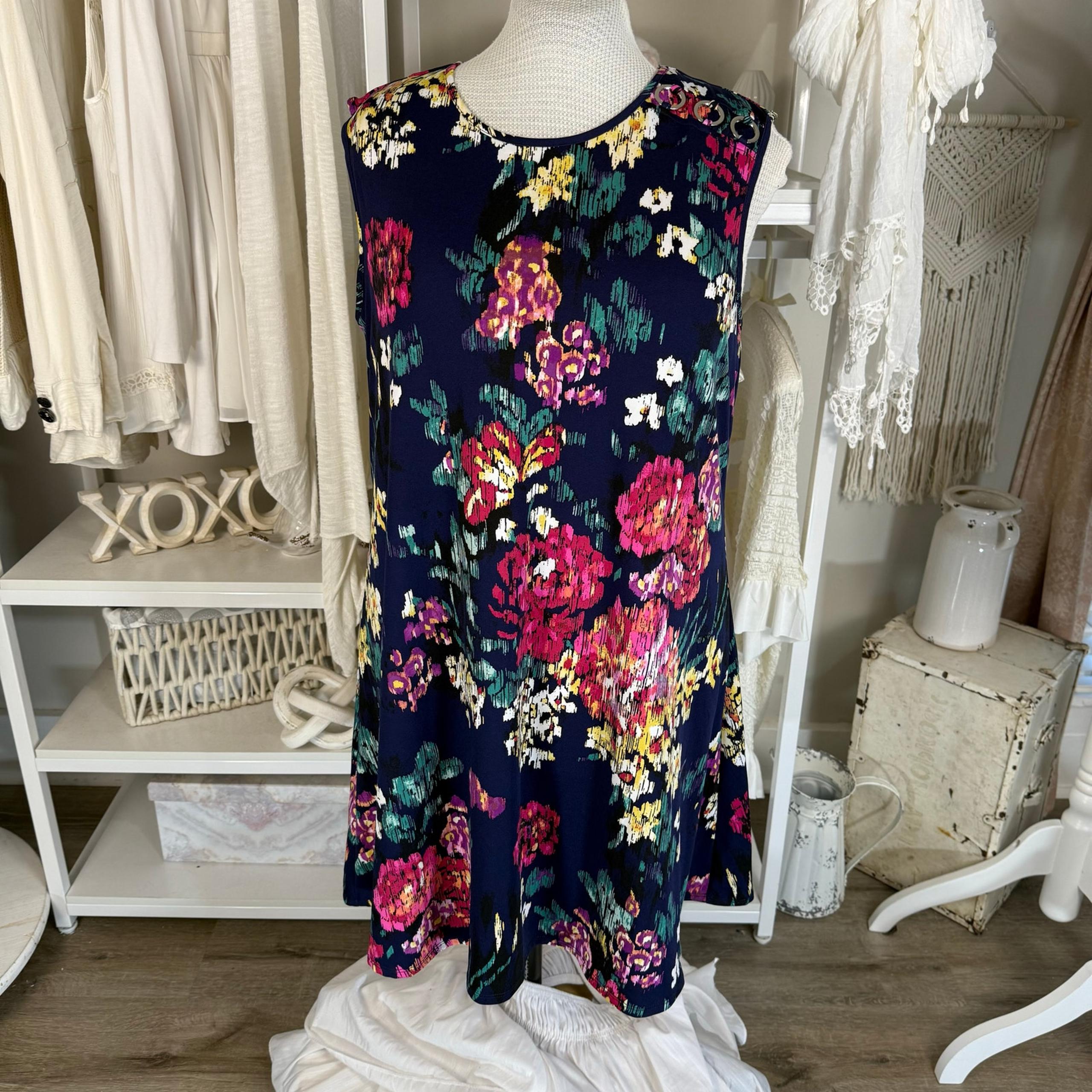 Cocomo sz. XL multicolor blue pink midi dress, casual, stretch knit, comfort