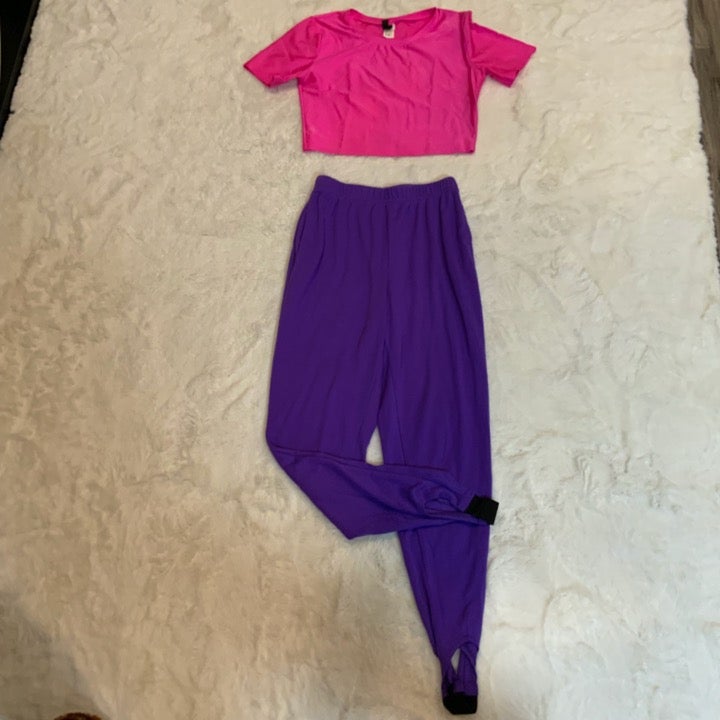 Vintage 1980s Flashdance Legging Crop Top Hot Pink Purple Tracksuit 2 pc Lot