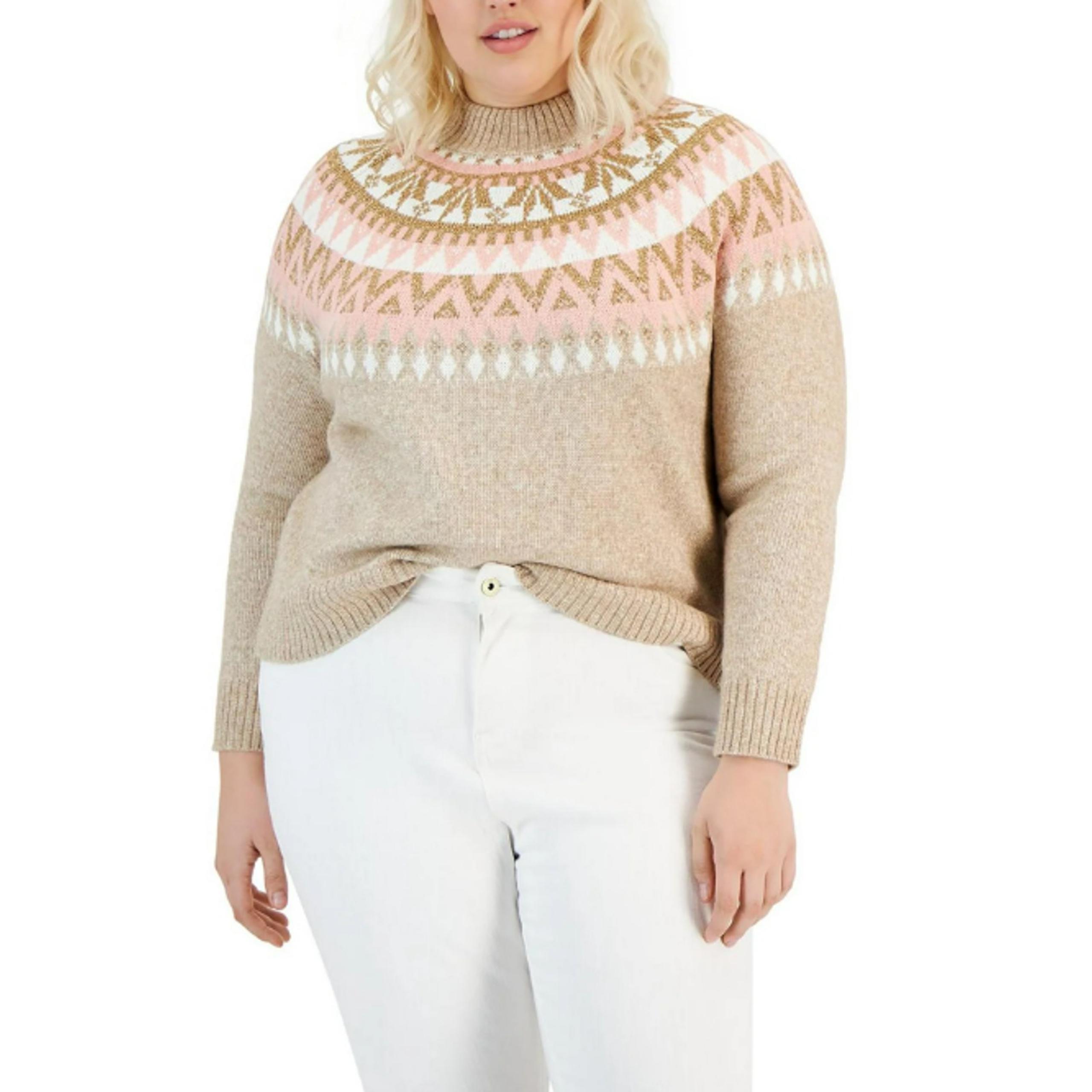 TOMMY HILFIGER Womens Pullover Sweater 1X Tan Pink Knit Metallic Fairisle NWT