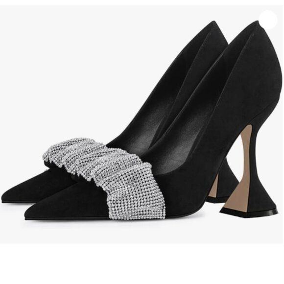 YDN Women Pointed Toe Slip on Pumps Special Kitten High Heel Shoes Black Shoes