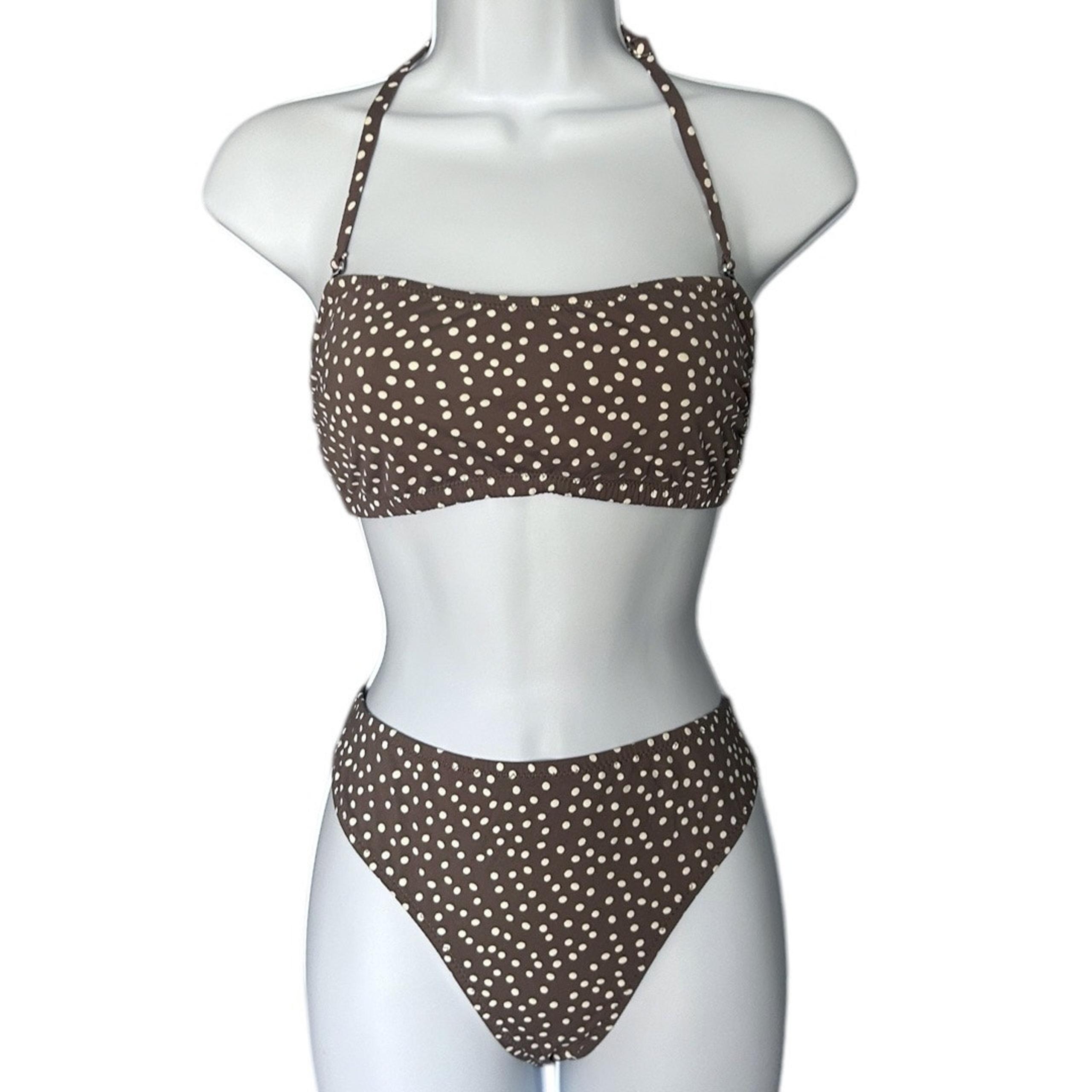 Garnet Hill Signature Bikini Top & Bottom Women’s 10 Brown White Polka Dot