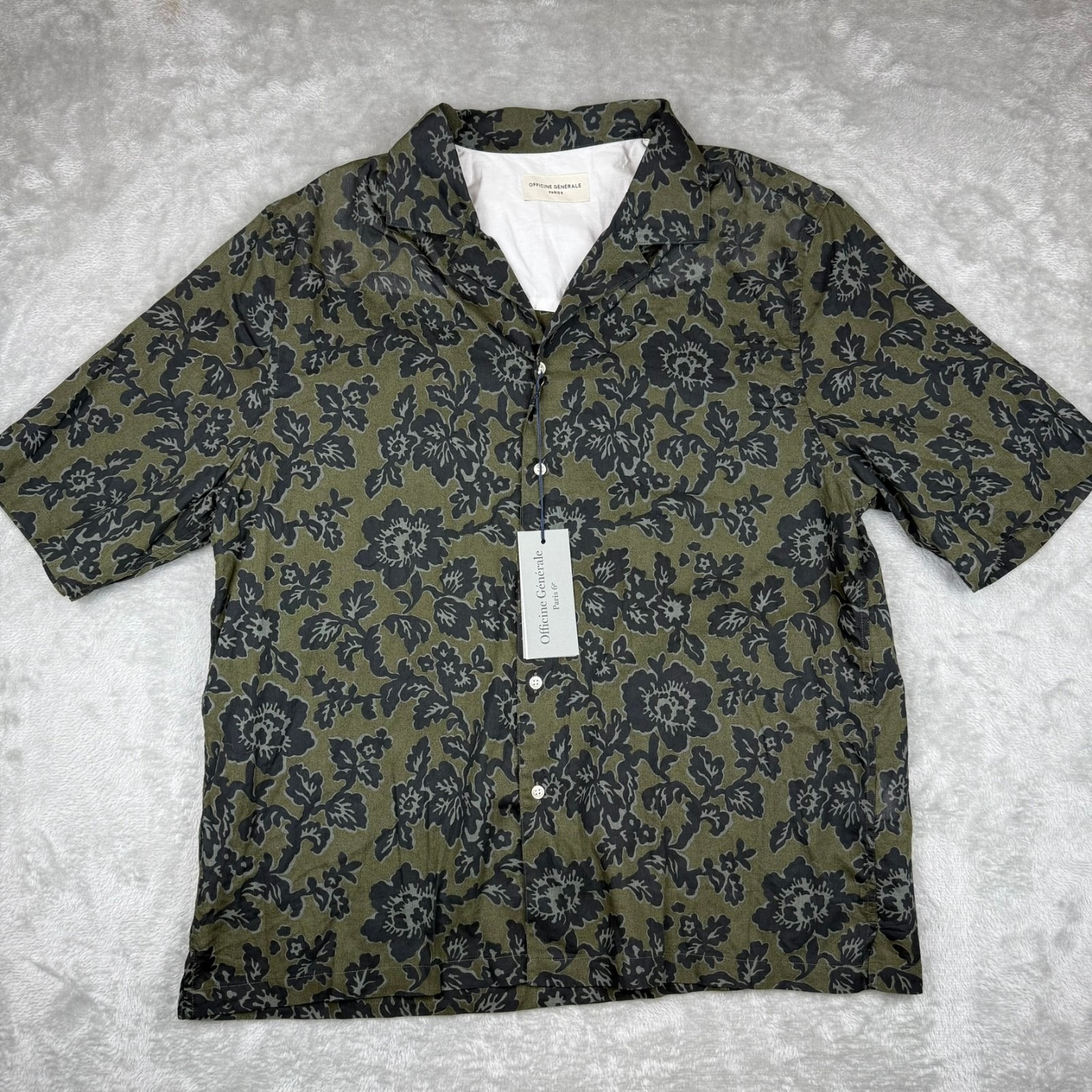 Officine Generale Paris Eren Shirt Mens Large Olive Green Blue Floral $395 NWT