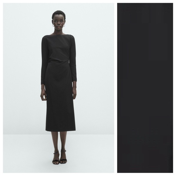 NWT. Massimo Dutti Black Wool Blend Midi Dress with Gathered Side. Size S.