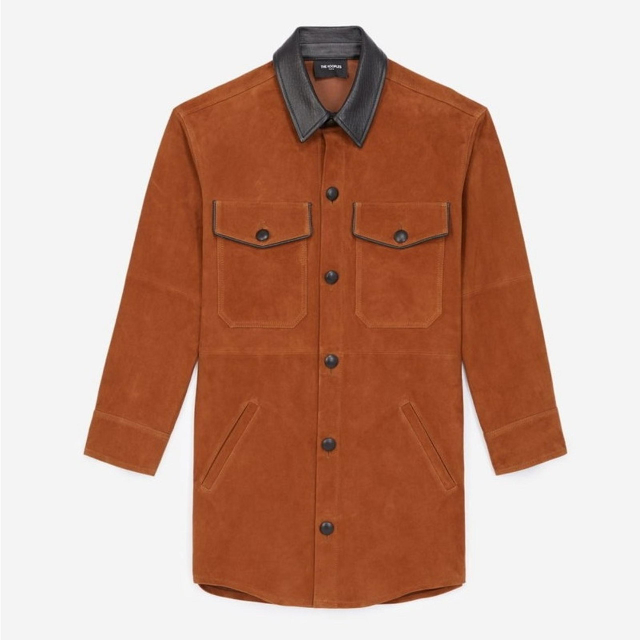 The Kooples Brown Leather suede SOFT shirt barn Jacket  Black Collar M