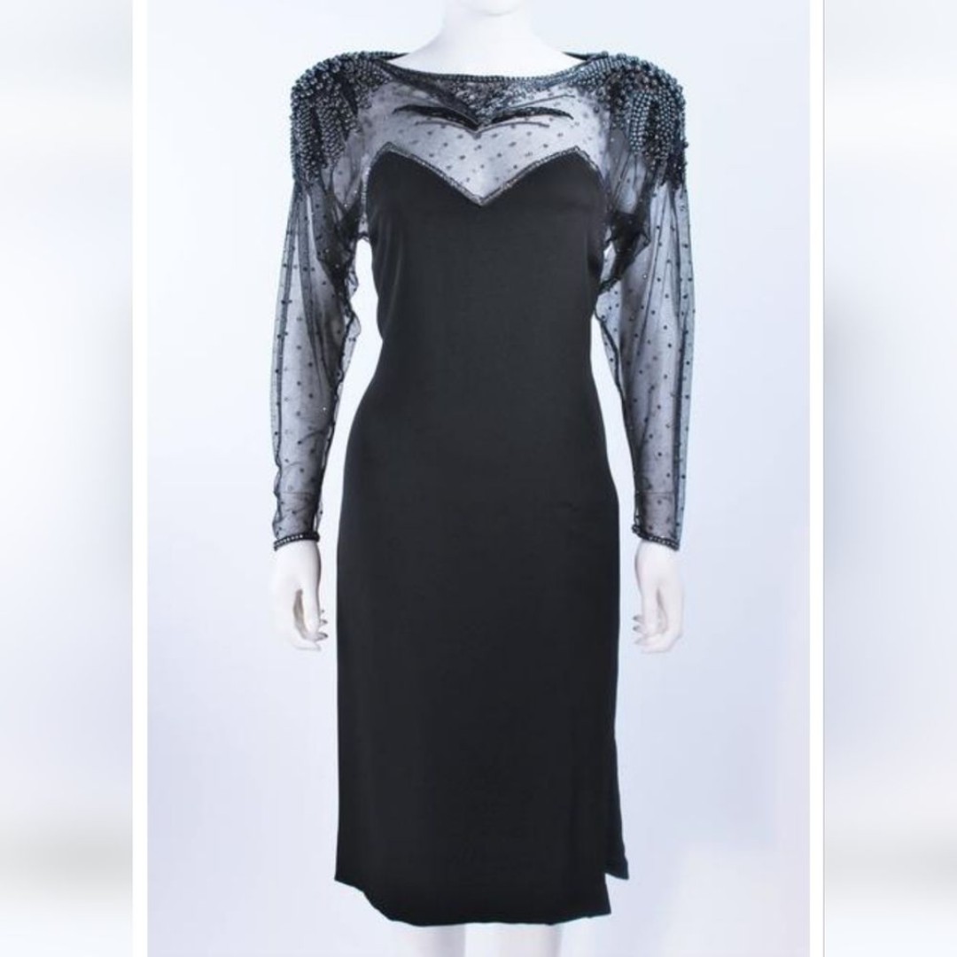 Vintage Frank Composto womens black sheer beaded cocktail formal dress Size 8
