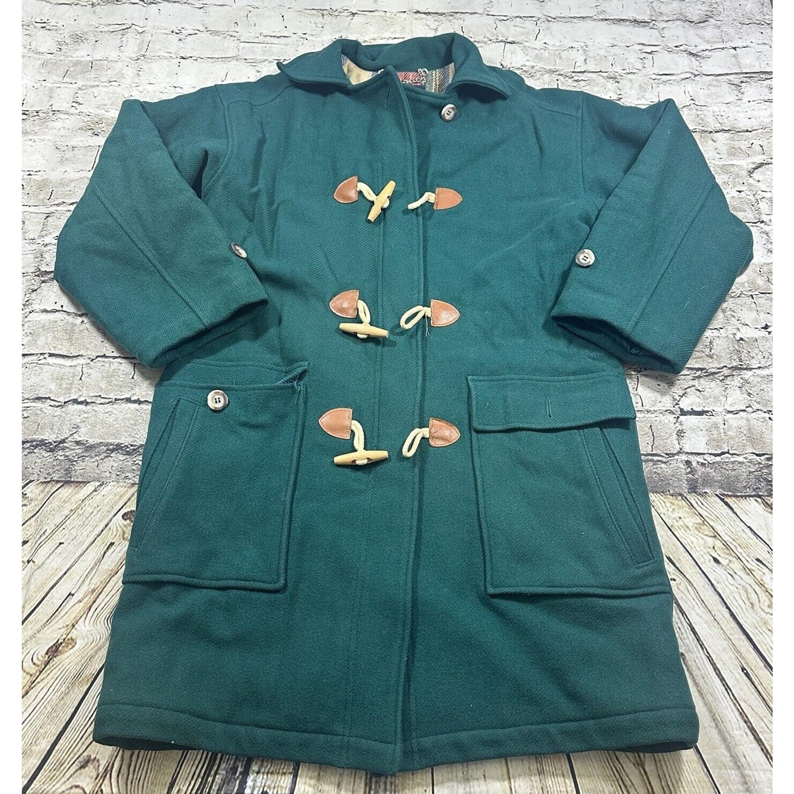 VTG Lands End Parka Coat Womens Small Green Wool Toggle Button Up Hood Lined USA