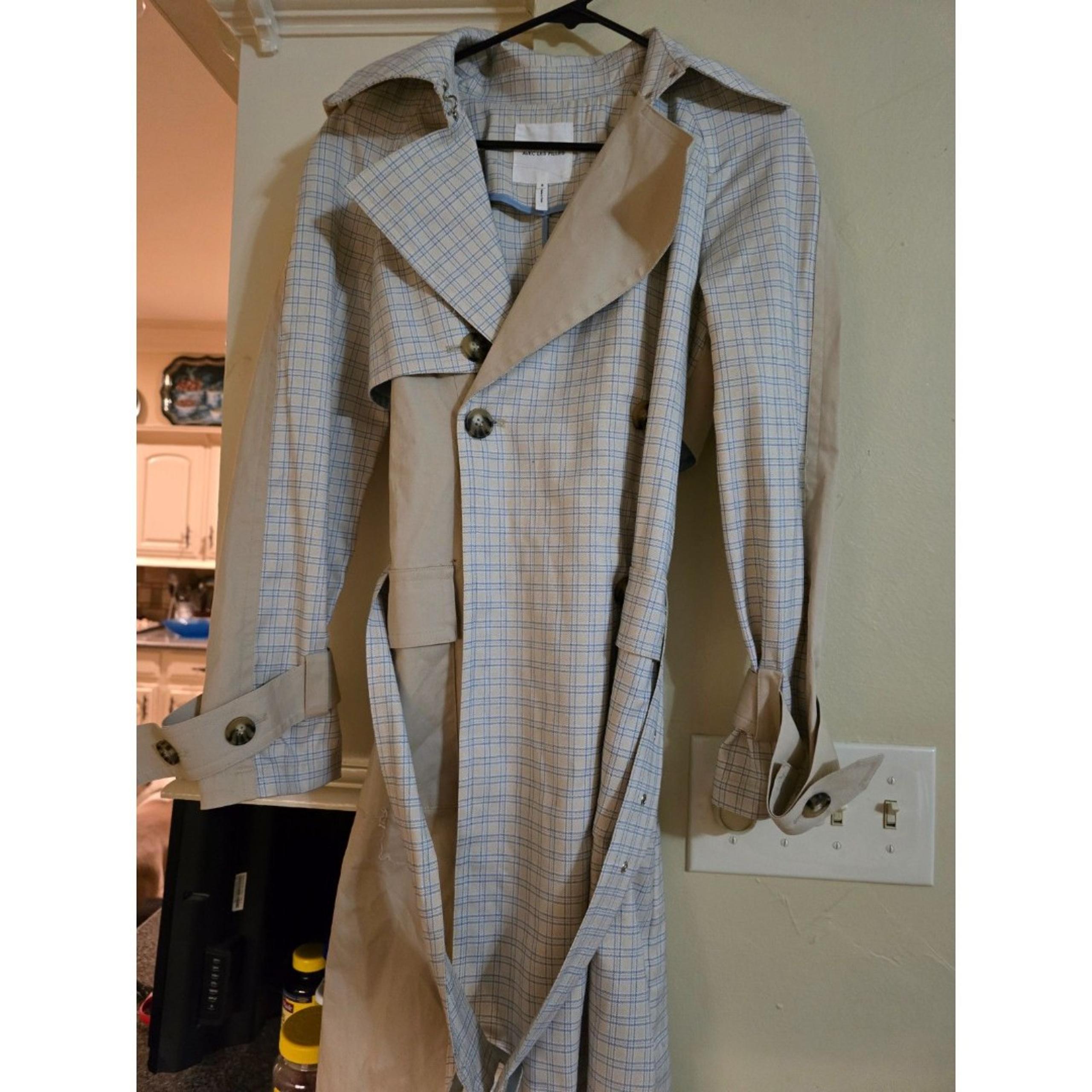 Avec Les Filles Mixed Media Plaid Cotton Trench Coat/Rain Coat WM SZ S Belt Hook