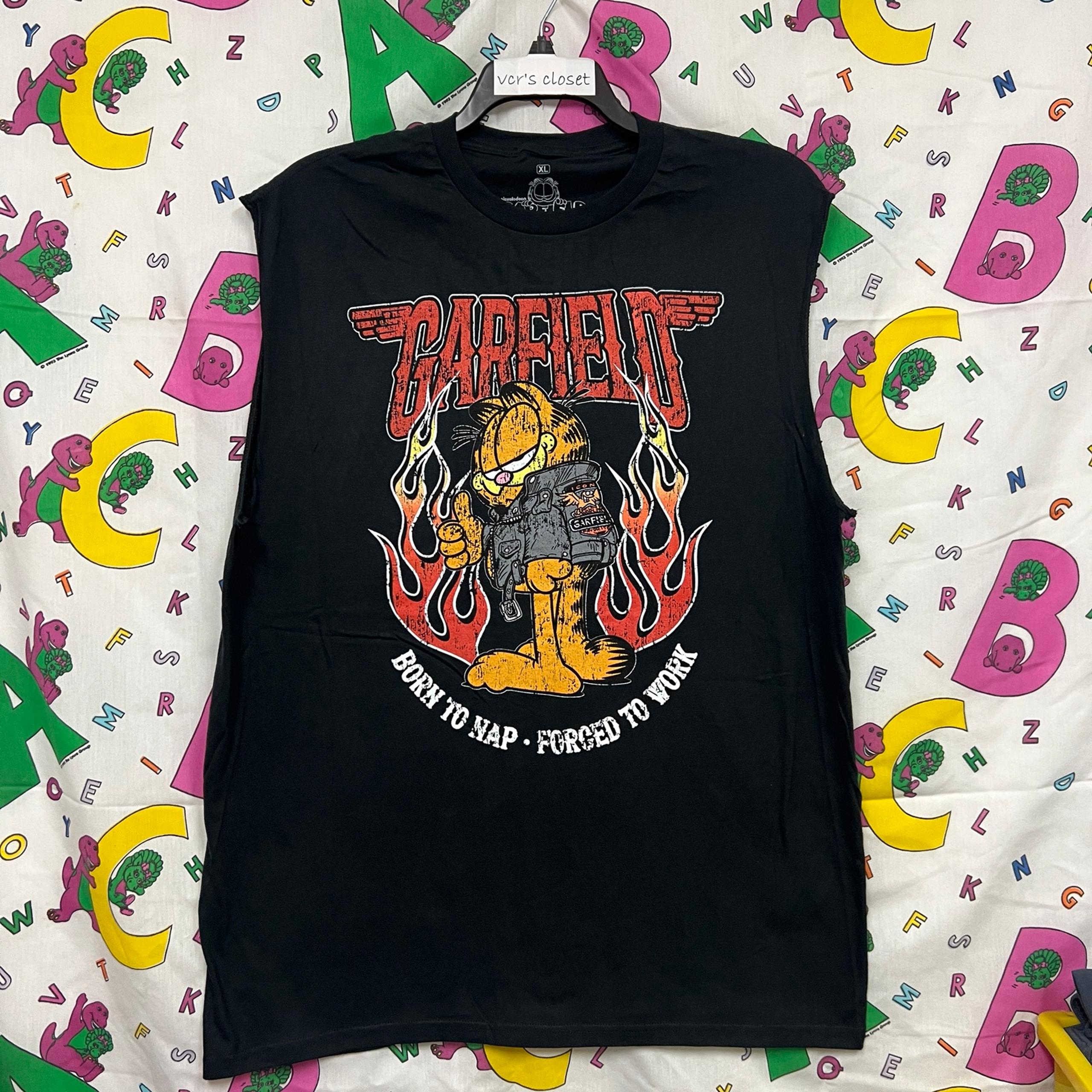 XL Hot Topic Garfield Cat Born To Nap Forced To Work Motorcycle Flames Graphic T