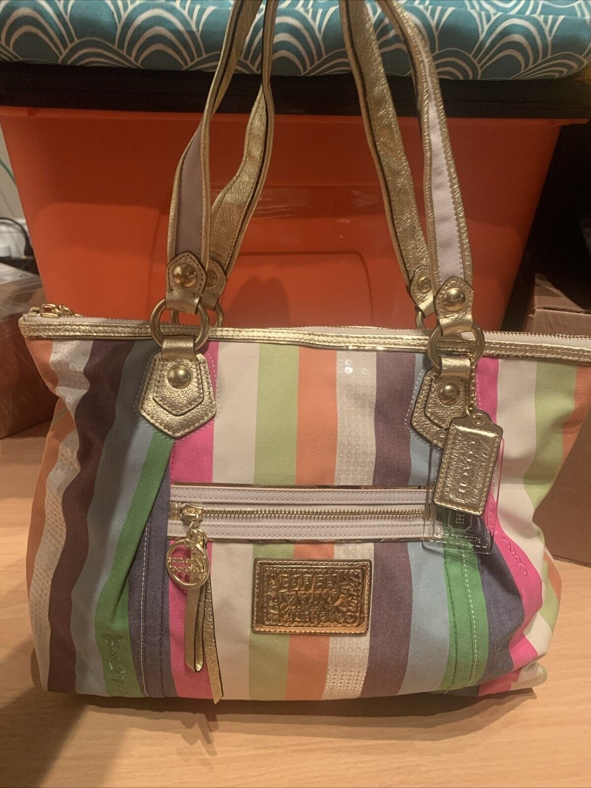 Coach Poppy Legacy Sequin Striped Glam Tote Handbag