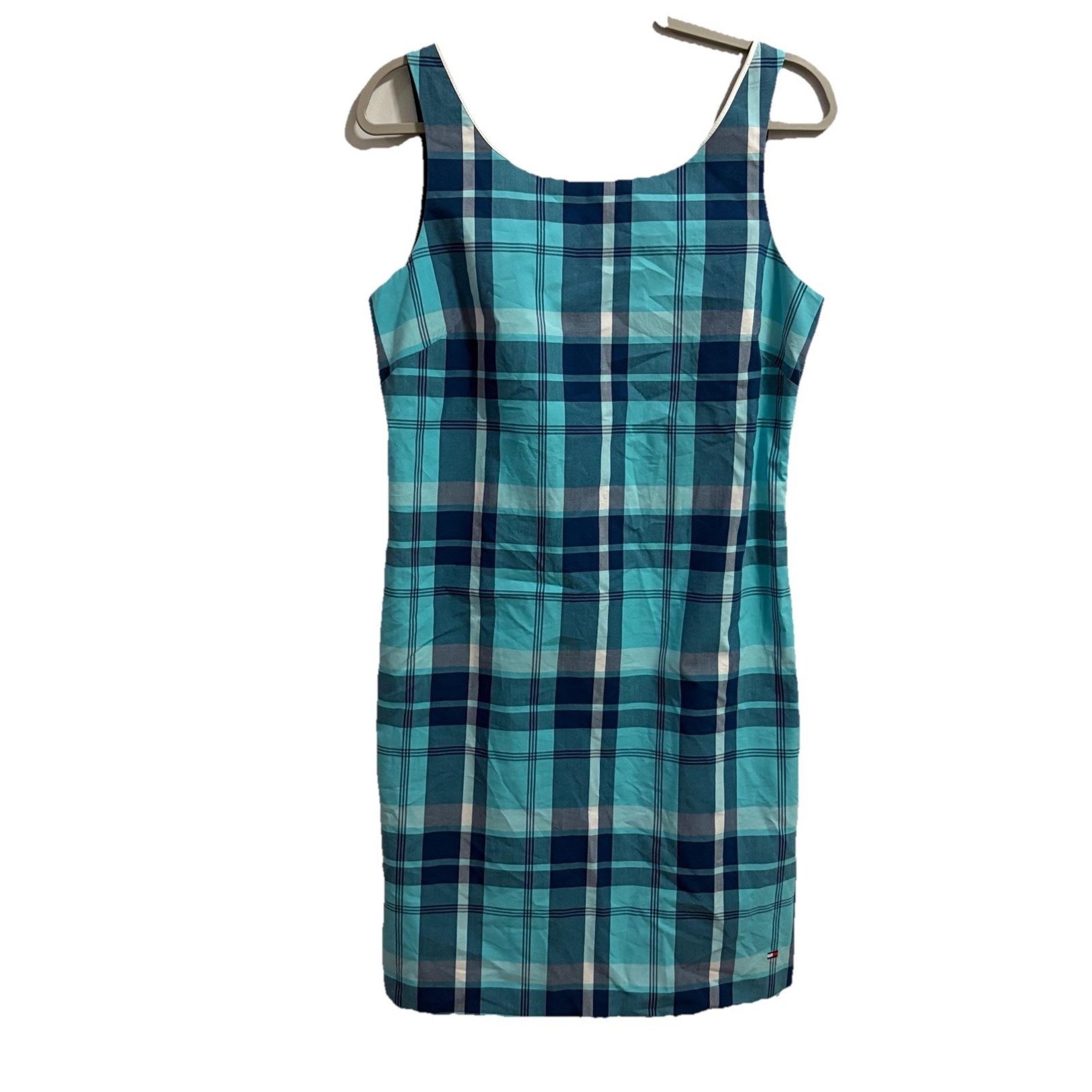 Vtg Tommy Hilfiger Y2K Womens Shift Dress White Blue Plaid Sleeveless Size 8