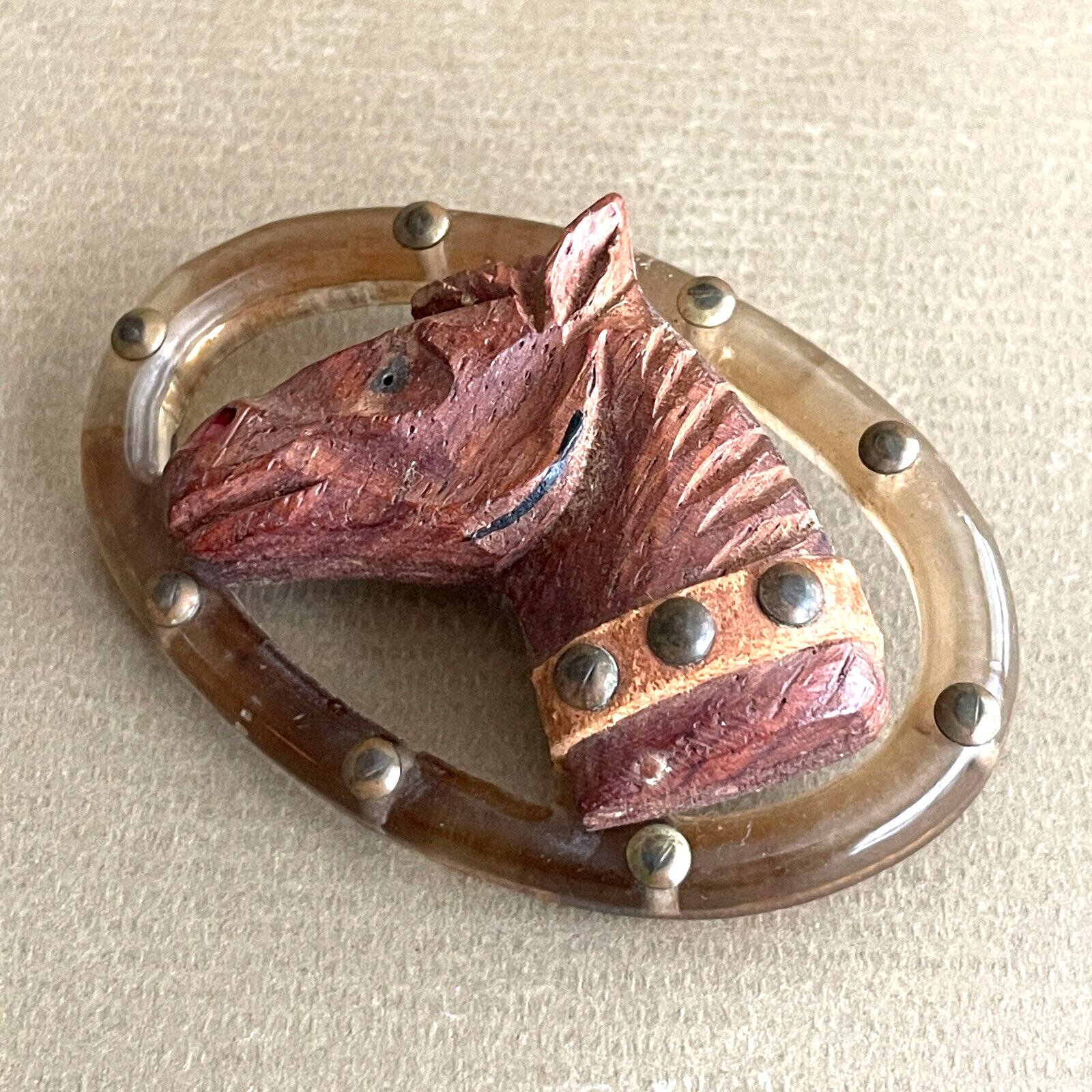 RARE Antique 1920s/30s Lucite and Carved Bakelite Horse Equestrian Brooch Pin