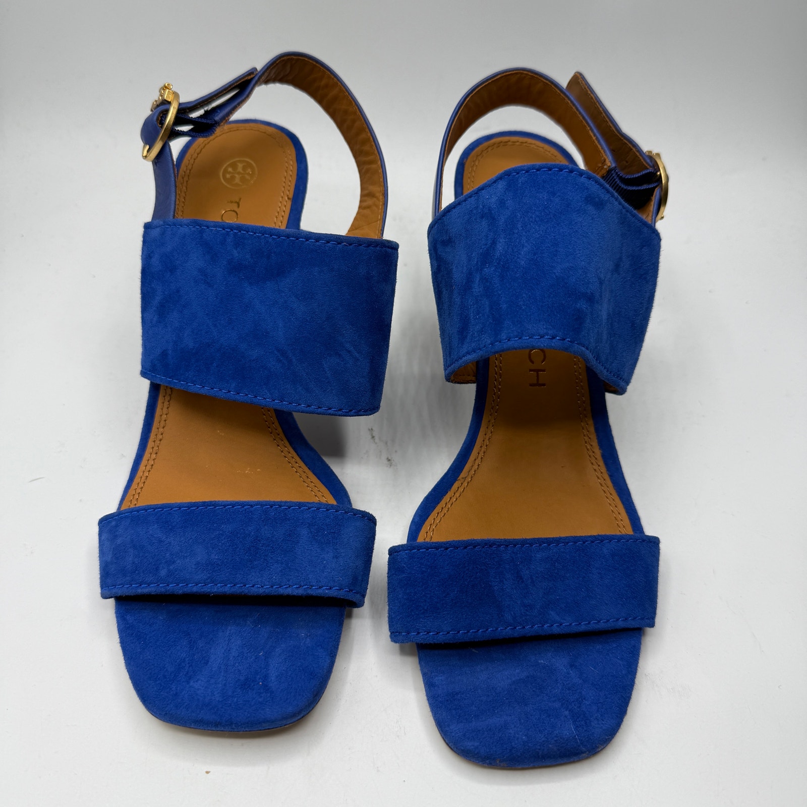 Tory Burch Women's Leather Selby Block-Heel Sandals Blue Size 9