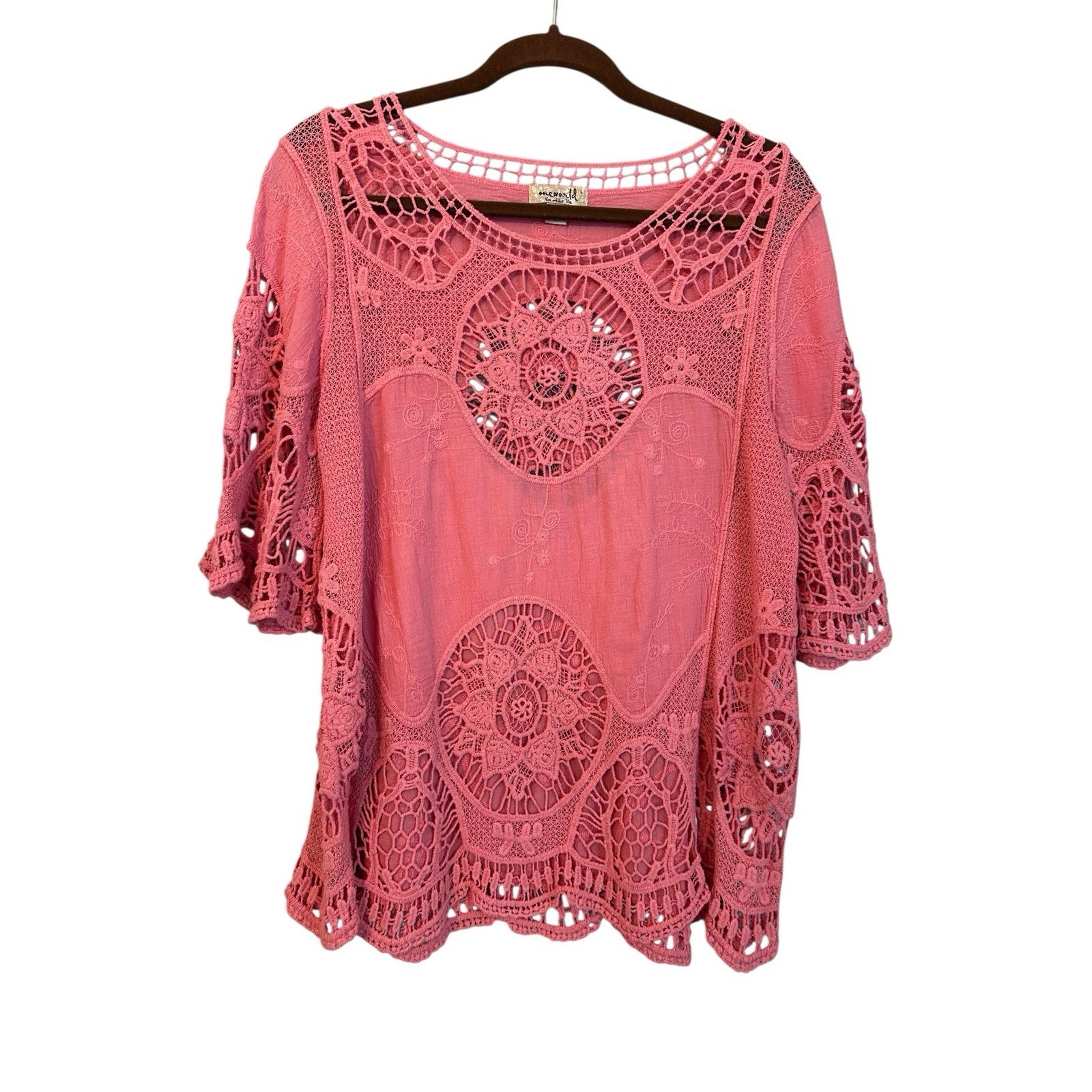 Women's Coral Top with Crochet Accents Blouse Tunic Blouse L - One World