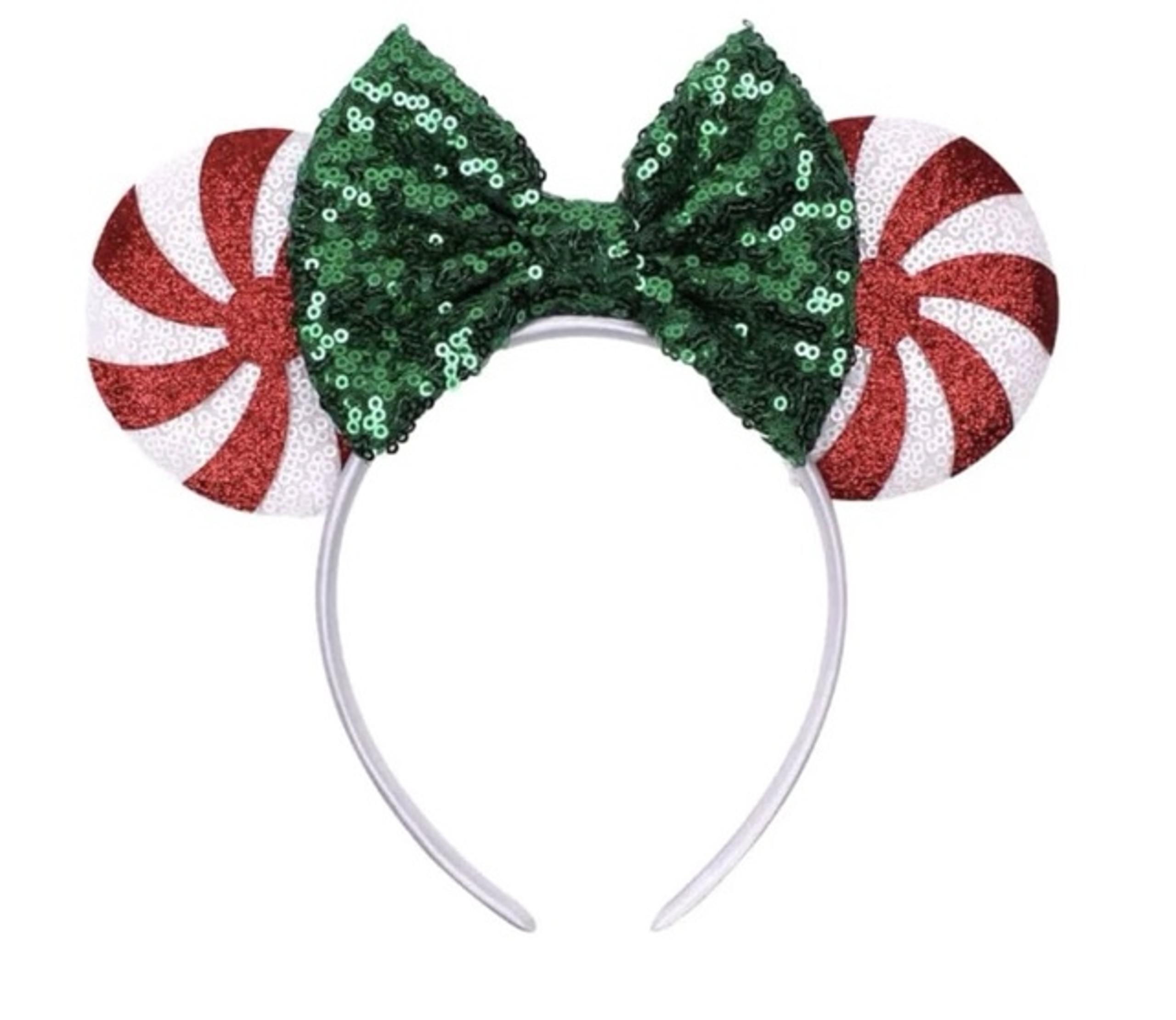 Minnie ears: Red peppermint, Silver gold blue, Rainbow Sparkle, Red Sequin New