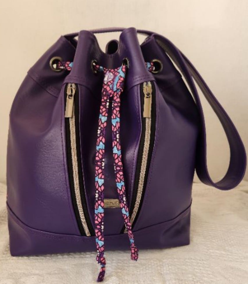 Purple Vinyl African print Inspired Draw string Bucket Bag