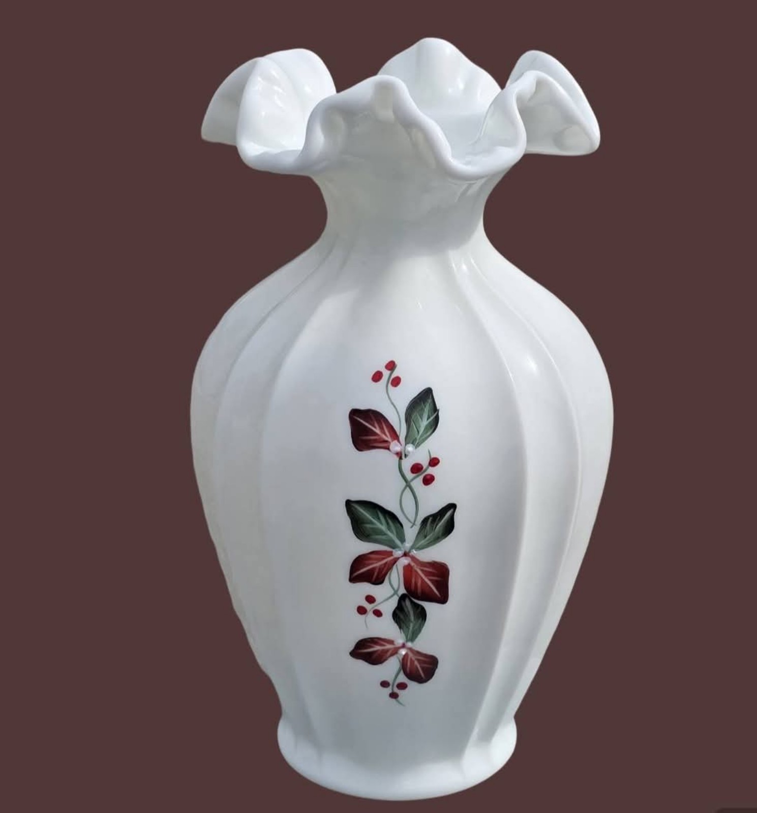 Vintage 1990s Hand Painted White Milk Glass Fenton Vase 7.5 inches tall