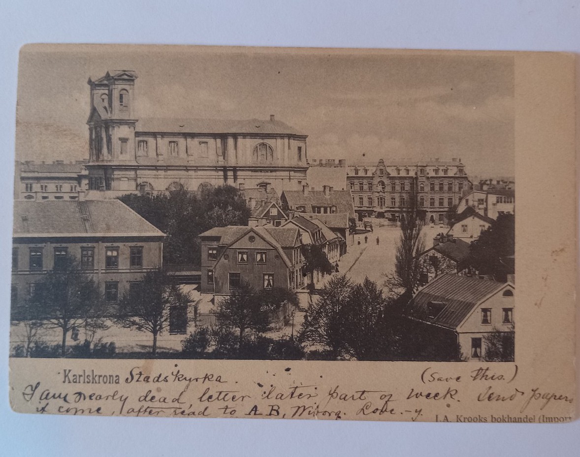1900 postcard, Karlskrona, postmarked, stamped.