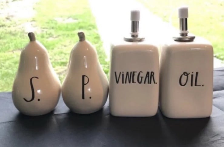 Rae Dunn oil and vinegar and pear salt and pepper sets