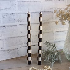 Courtly Candle Black and White Check Taper Candle Set 2 Hand Painted Check Decor