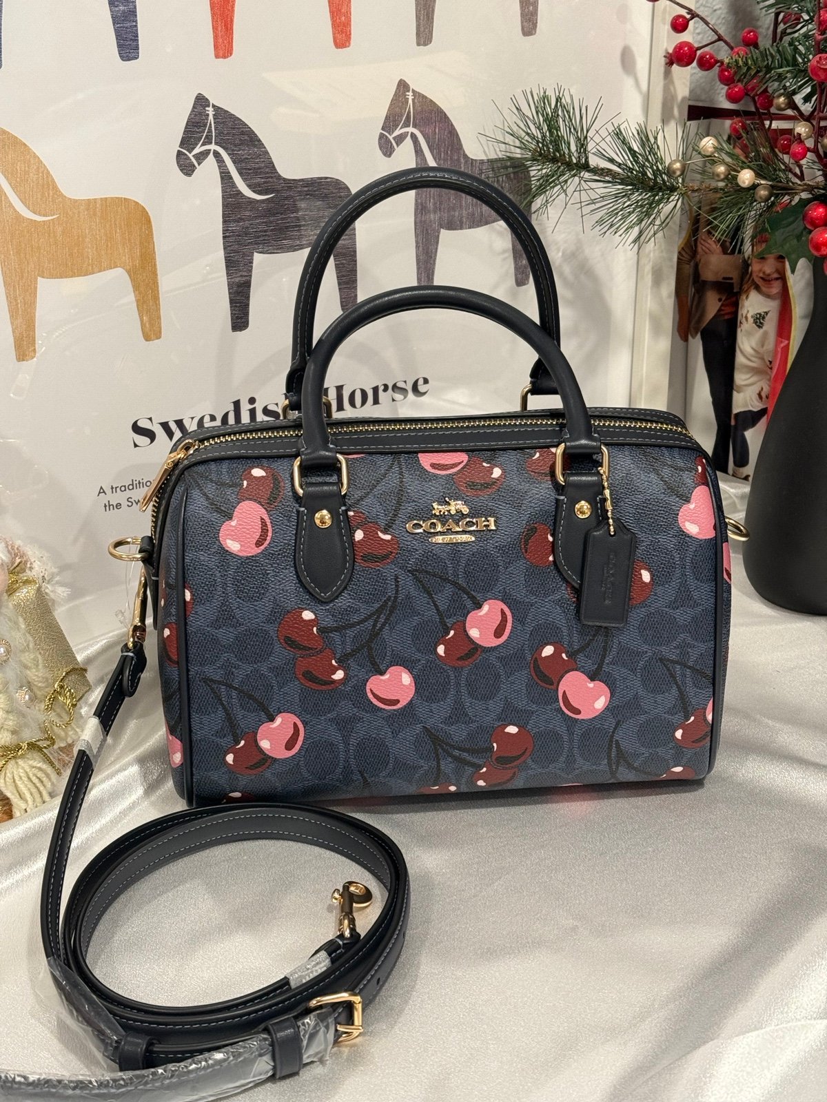 Coach Large Rowan Satchel Bag In Signature Canvas With Cherry Print CY692