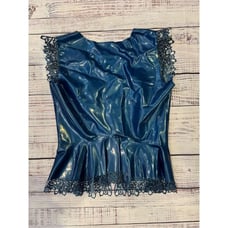 Peter Domenie latex peplum top with latex lace trim blue metallic size large