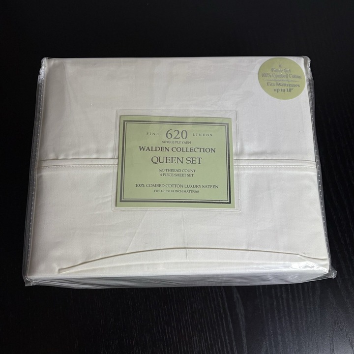 WALDEN COLLECTION 4pc Queen Size Sheet Set 620 Single Ply Solid Ivory Cotton NEW