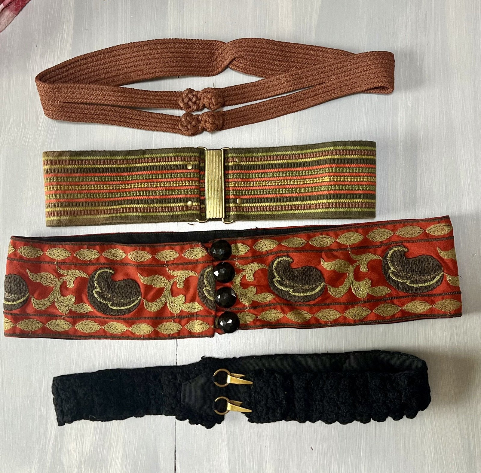 4 Antique Vintage Woman’s Wide Embroidery Knit Stretch Cinch Belt Art Deco Mod