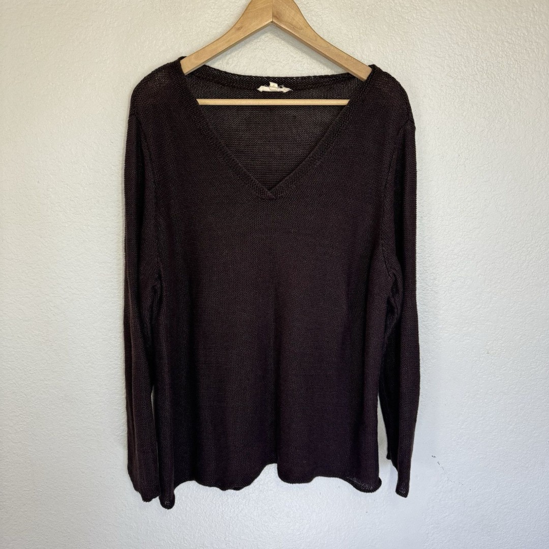 Eileen Fisher Sweater 2X Brown Hemp Open Knit V Neck Lagenlook Artsy Coastal