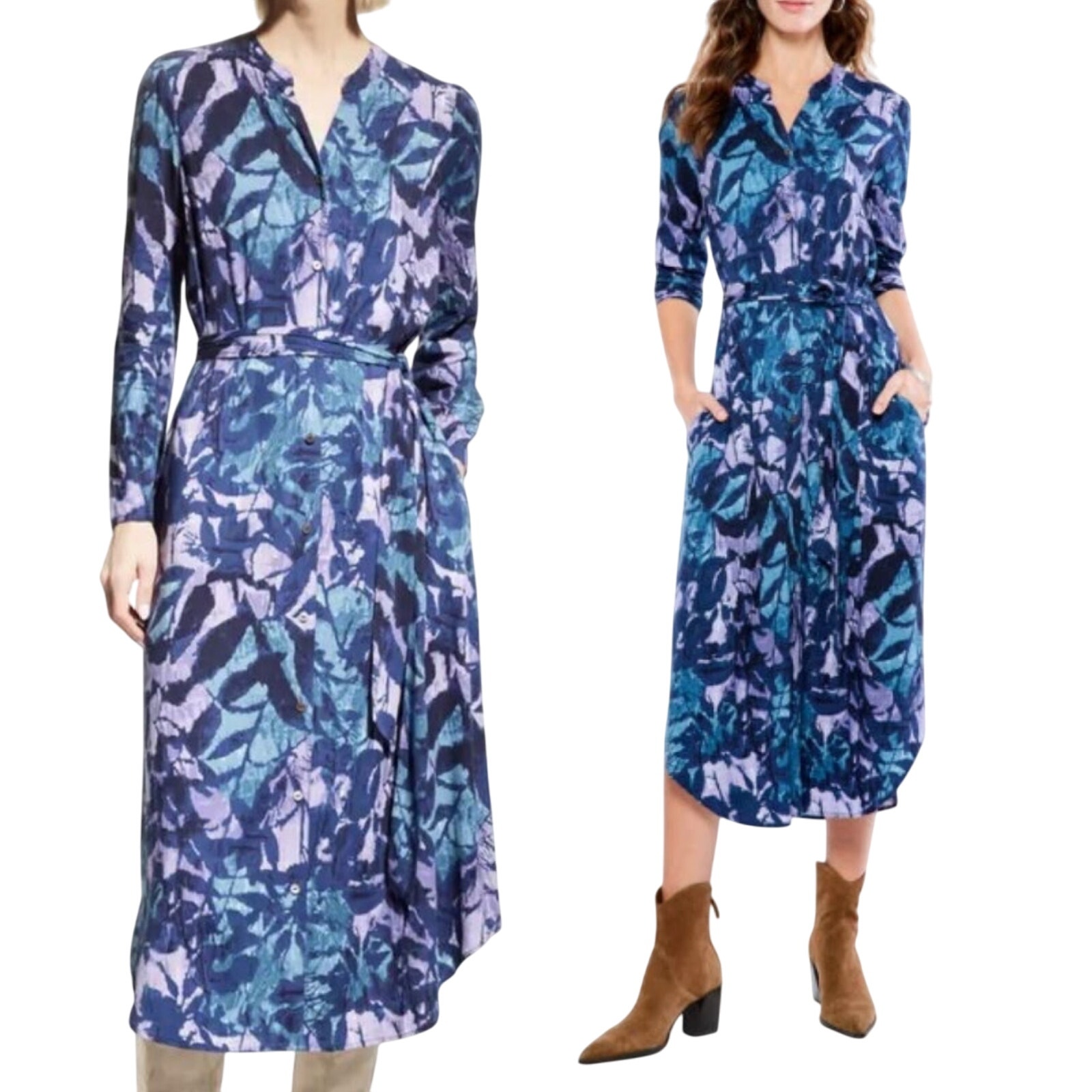 Nic + Zoe Indigo Vines Floral Print Midi Live in Shirt Dress Purple Blue Small