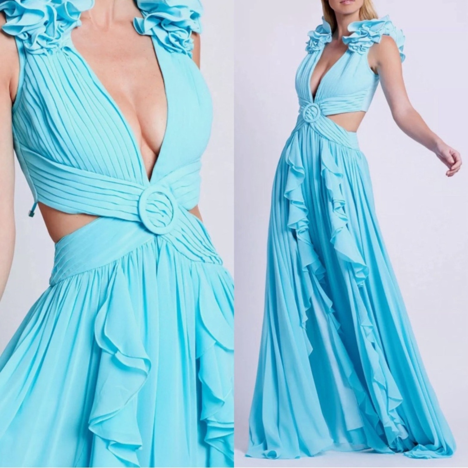 Patbo Island Blue Flutter Sleeve Cutout Ruffle Maxi Dress Size 12