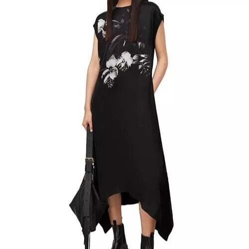 NWOT AllSaints Gian Kosumoso Floral Print Asymmetrical Dress Size 2 Black