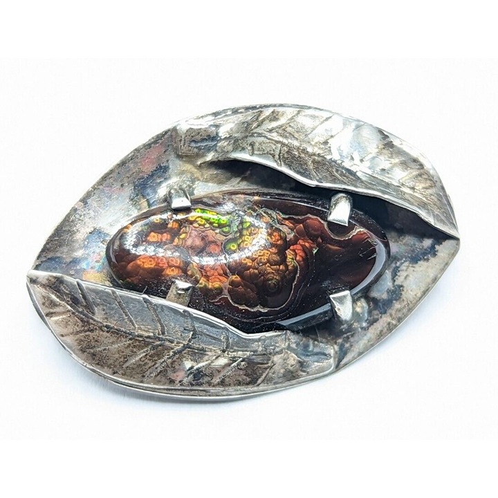 Sterling Silver Colorful Fire Agate Artisan Double Leaf Brooch Pin Unisex