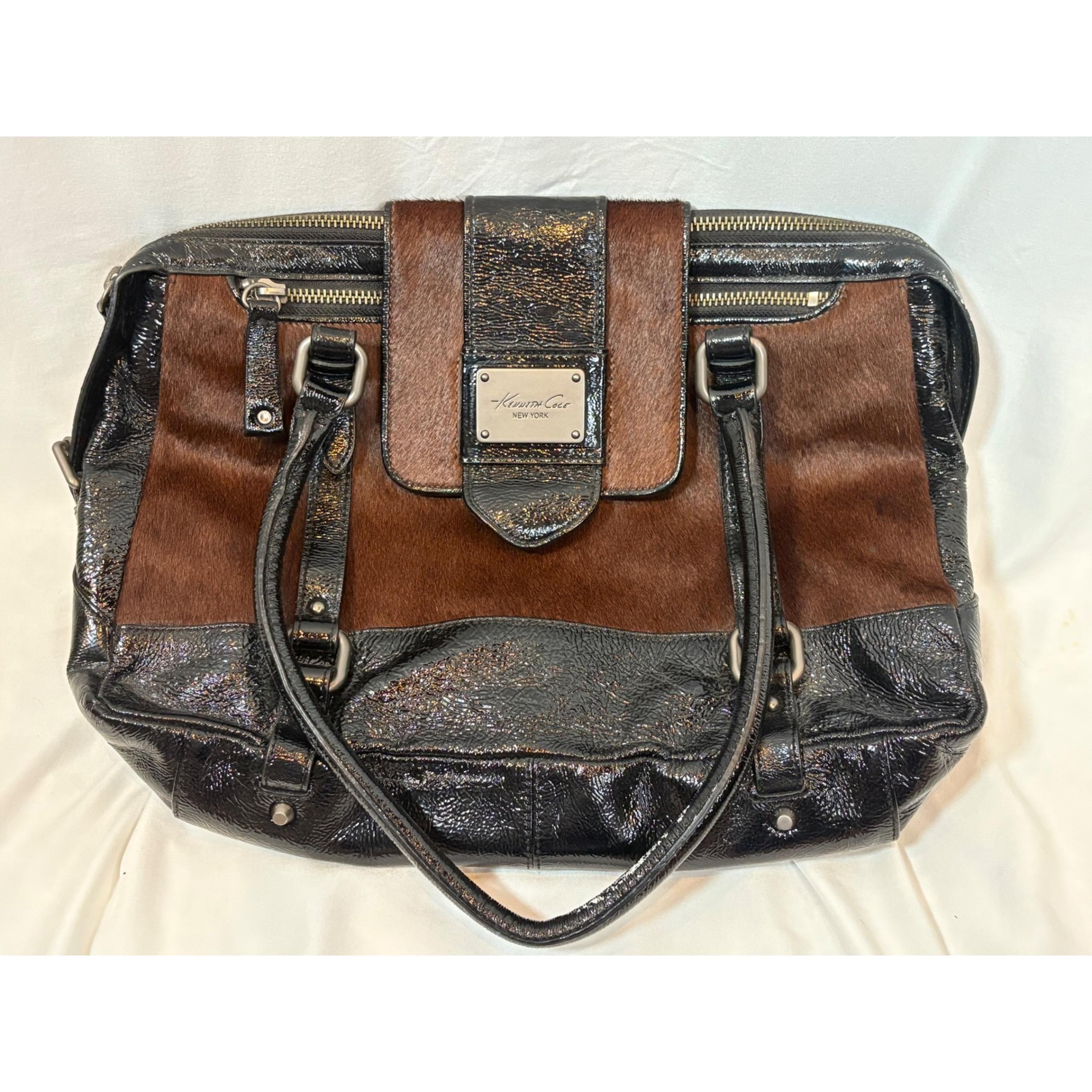 Kenneth Cole Satchel Purse Genuine Leather Haircalf Accents Designer Bag