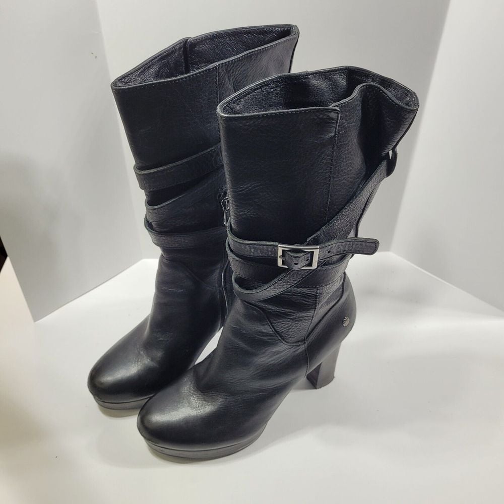UGG Jardin Black Leather Platform Boots Side Zip Heels 1004150 Women Size 8