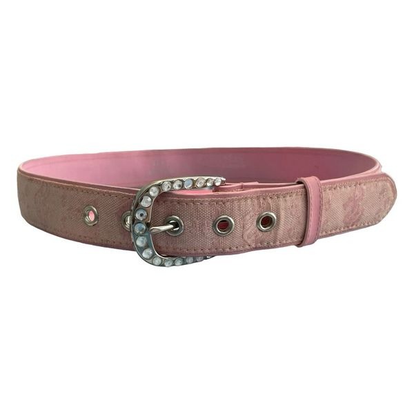 Vintage Rocawear Rhinestone Signature Leather Logo Belt Pink Canvas Silver Buckl