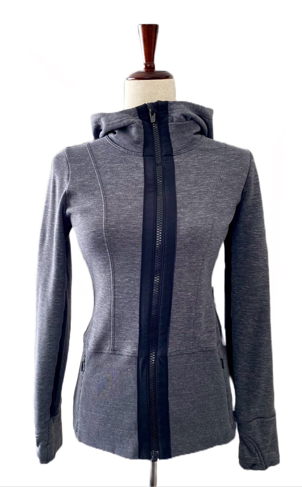 Athleta Victory Fitted Warm Hoodie Heater Gray Thumbholes Full Zip Size XS