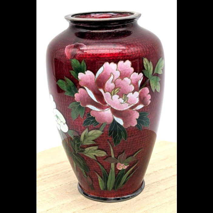 Japanese Cloisonne Sato Red Floral Vase Metal Rims