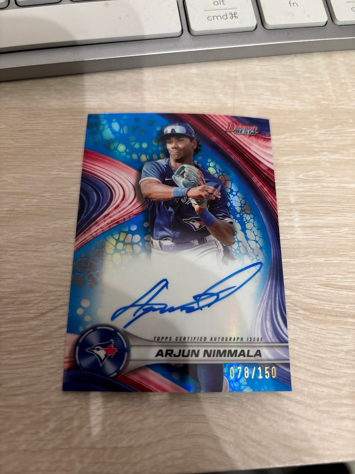 2024 Bowmans Best Arjun Nimmala Auto On-Card Blue Jays Blue Auto SSP #78/150!