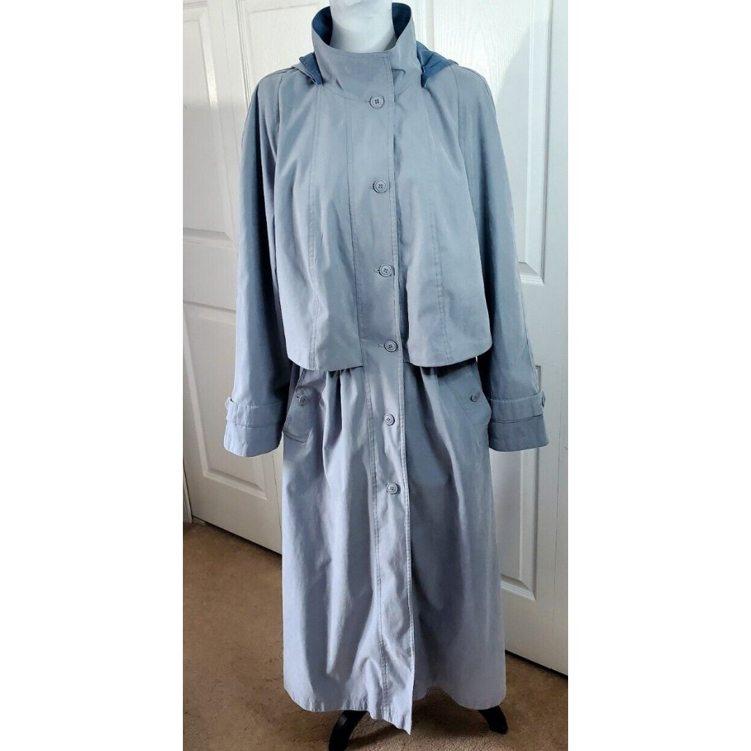 Worthington Womens Blue Long Trench Coat Size 12T Button Close Hooded Jacket EUC