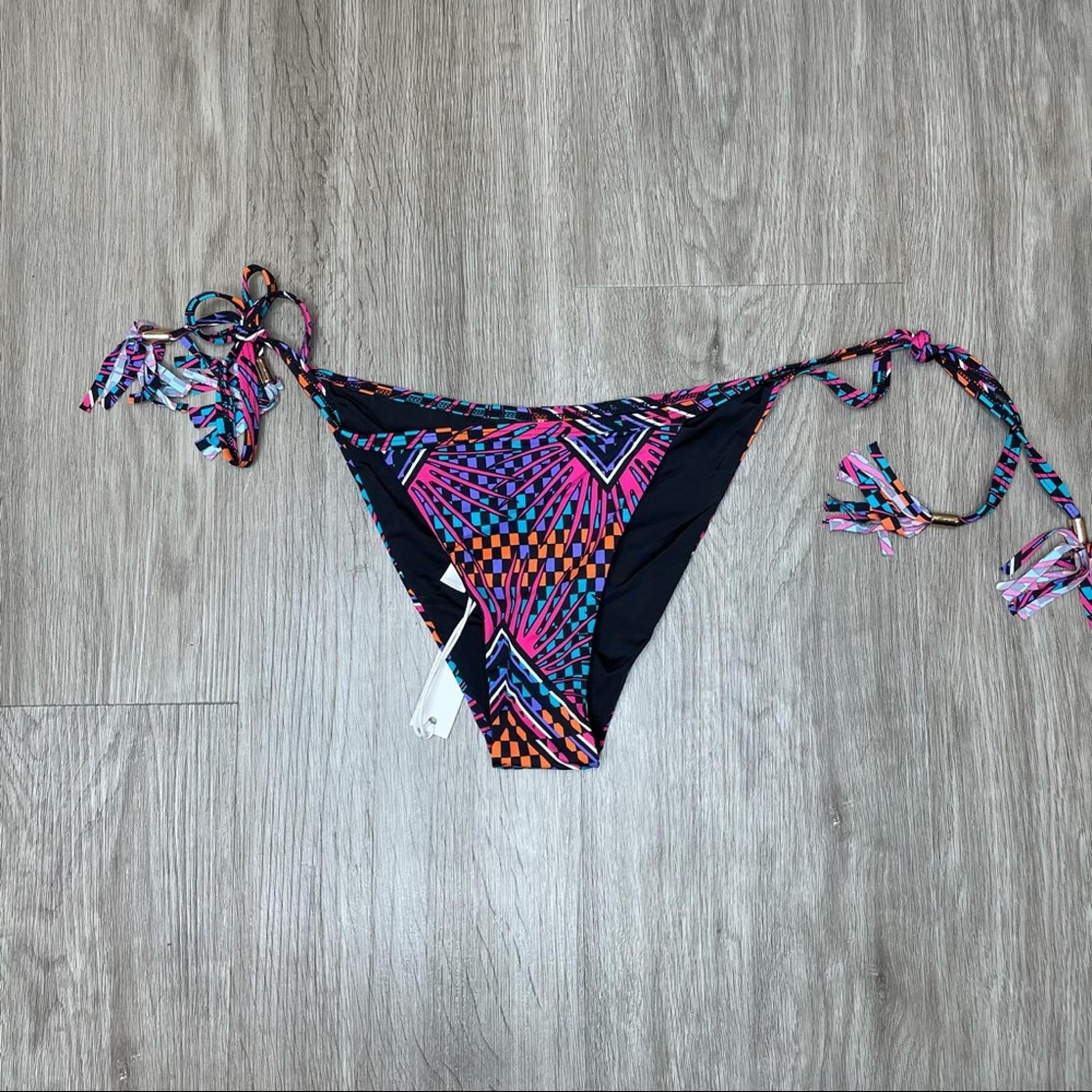 Tart Collections Women's Black Multi 80's Graphic Tie Side Bikini Bottoms sz XS