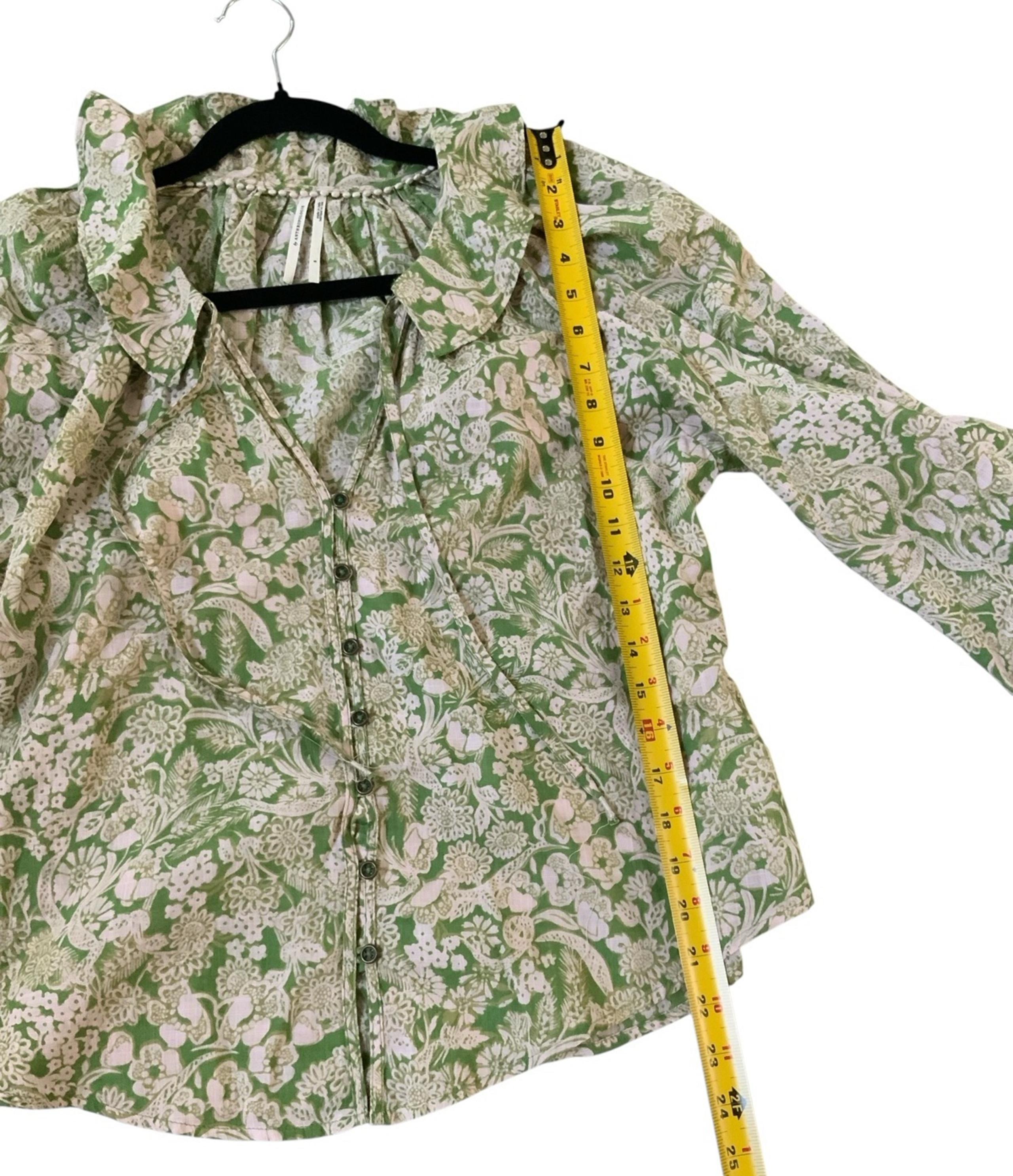 Anthropologie Cotton Ruffled Bell Long Sleeve Floral Green Peasant Blouse Small